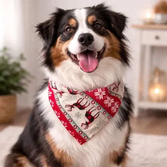 Christmas Dog Bandana Reversible Red Snowflake & Reindeer Holiday Pet Scarf
