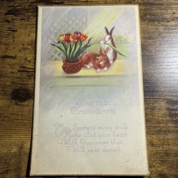 ANTIQUE Easter Poetry Postcard Bunny Rabbits Tulips Spring Poem USA Ephemera‎