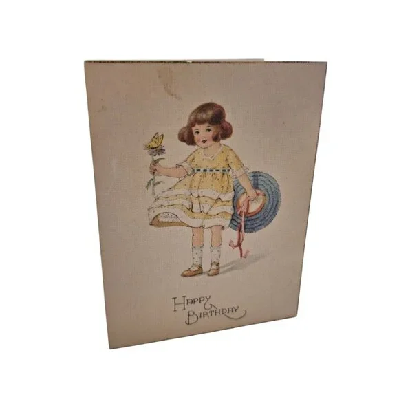 Happy Birthday Card Small Vintage Shy Love‎ 3x4 1950s Blank Girl Flowers Dress