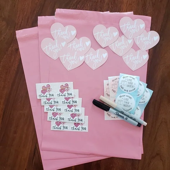 40 Piece Shipping Bundle Pink Hearts Polymailers Cards Stickers