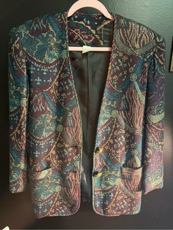 Vintage Woven Open-Front Blazer in Teal and Burgundy with matching Skirt Set