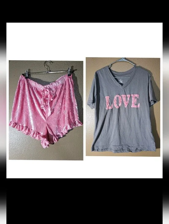 Bobbie Brooks Matching Lounge Set Pink Velvet Ruffle Sleep Shorts Gray LOVE Tee