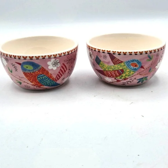 Pier 1 Imports Set of 2 Pink Bird Ironstone Cereal Candy or Snack Bowls