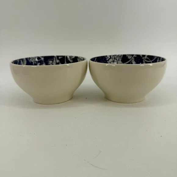 Pier 1 Batik Cereal Bowls Set of 2 Cream Navy Blue Floral Earthenware Brazil