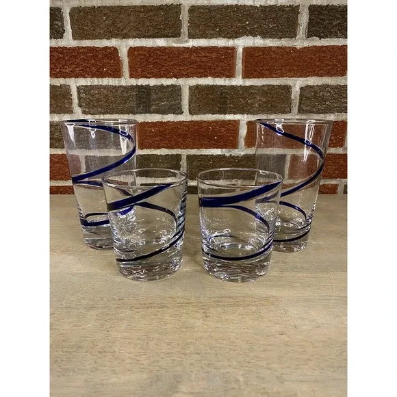 Pier 1 Cobalt Blue Swirl Highball & Lowball Tumbler Glasses Hand Blown Set of 4
