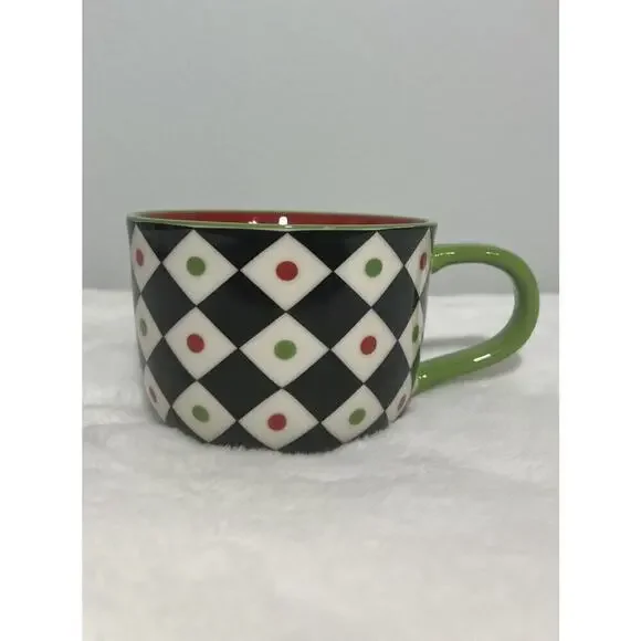 Pier 1 Imports Christmas Stoneware Coffee Mug Cup Harlequin Diamonds Check‎ Dots