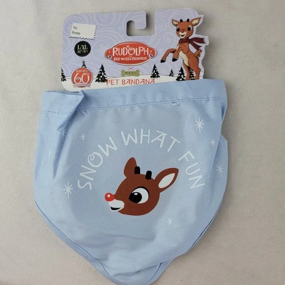 Rudolph Red Nosed Reindeer Pet Dog Cat Bandana Blue Snow What Fun L XL Holiday