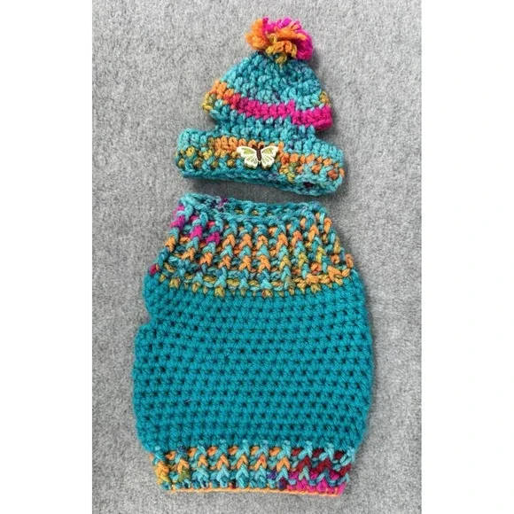 Dog Sweater & Hat Set Small Teal Multicolor Handmade Crochet Pom Pom Puppy