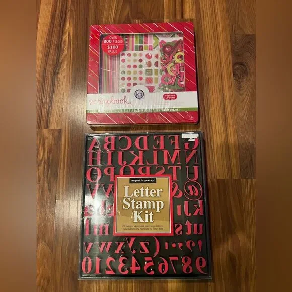 Letter stamp kit and traditional Christmas scrapbook tin