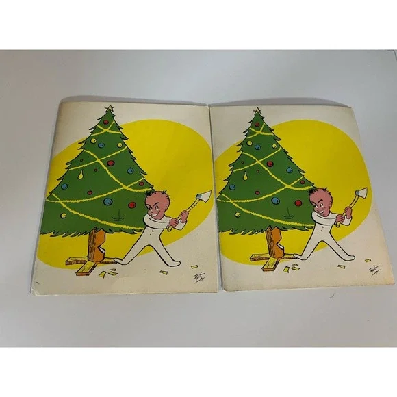 Vintage Christmas Card Lot Of 2 Prank Naughty Child Chopping The Tree Unused