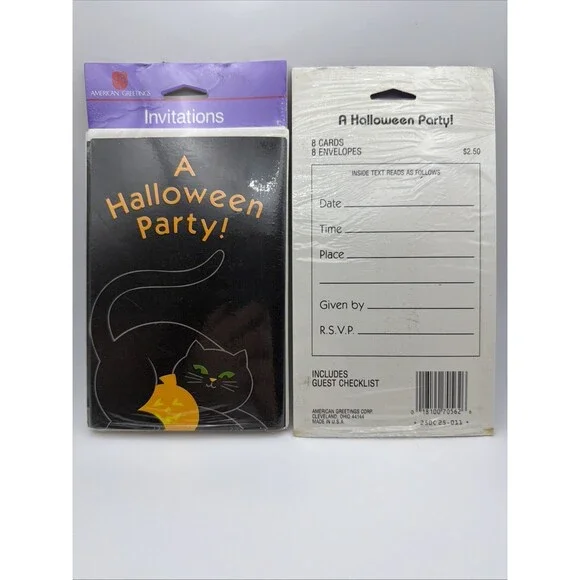 NEW Vintage Halloween Invitations Cat Pumpkin 8 Cards & Envelopes 2 Packs 16 Qty