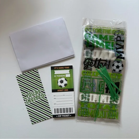 12 soccer birthday invitations and‎ 12 soccer theme treat bags with ties