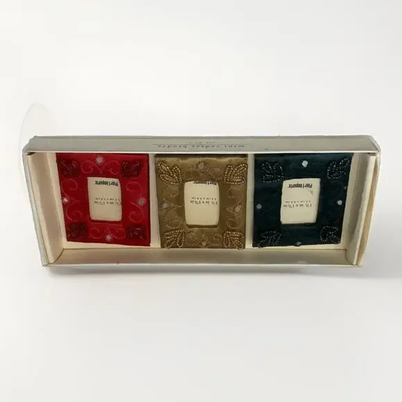 Pier 1 Mini Picture Frames Set of‎ 3 Square Beaded Satin Floral Green Gold Red