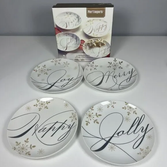 Pier 1 Holiday Wishes 4 Appetizer Plates In Box Gold Merry Happy Joy Jolly
