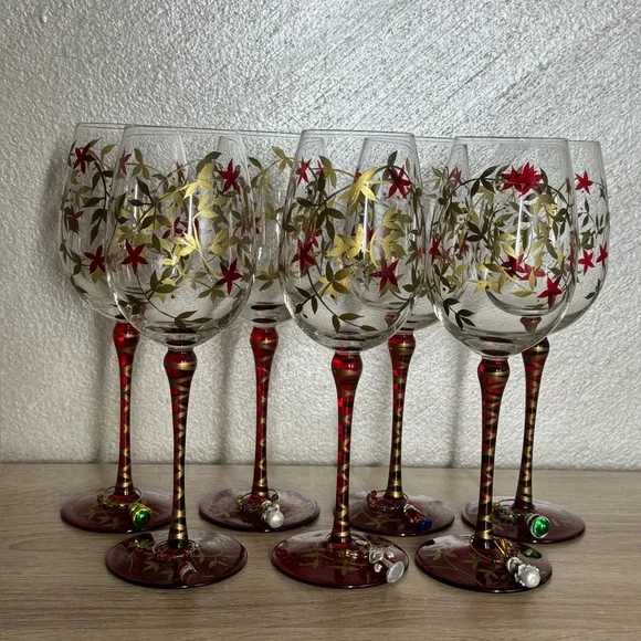 Pier 1 Hand Painted Floral Designs Gold Leaf Glass Water Goblet Set of 7 Glasses