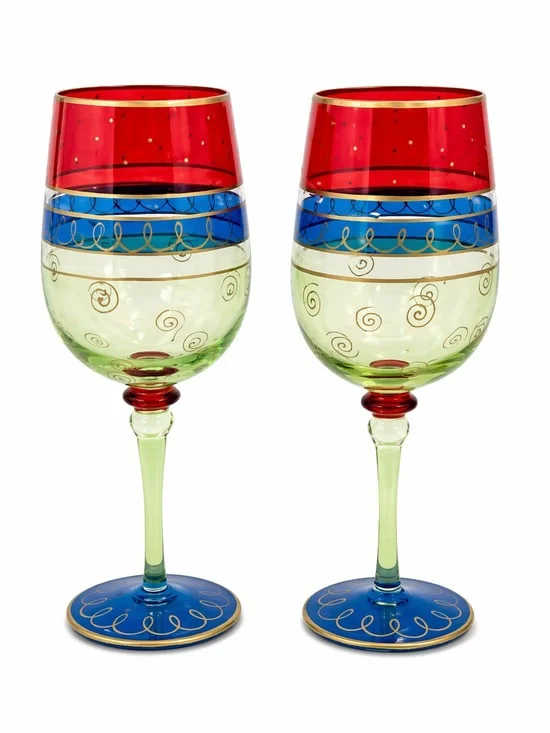Pier 1 Bordeaux Multicolor Striped Wine Glasses Set of 2 Handpainted 18oz. 2002