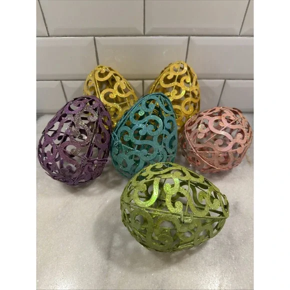 Set Of 6Vintage Pier 1 Metal Scroll Glitter Eggs Easter 003