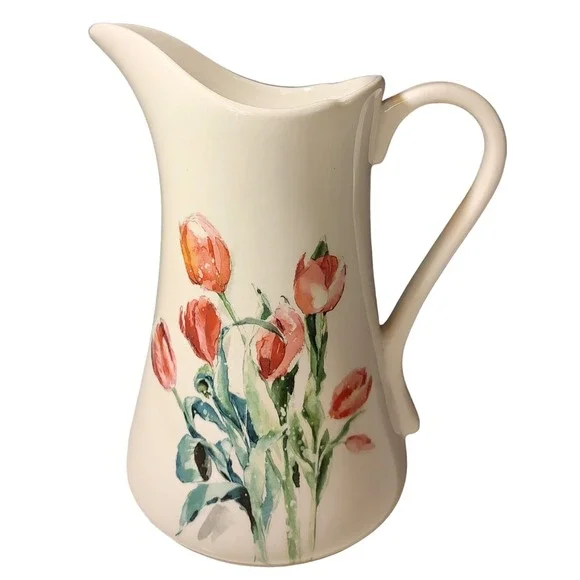 Pier 1 Imports Pitcher Retired Spring‎ Floral Tulips Pink Ironstone Water 9.5 in