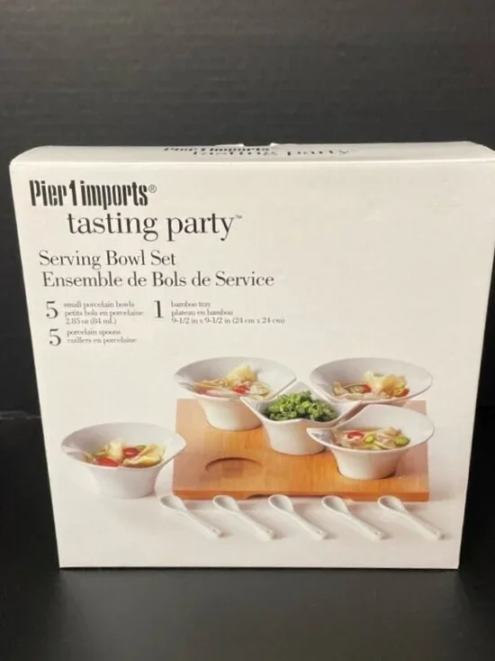 Pier 1 Imports Tasting Party Serving Bowl Set Bowls Spoons Bamboo Tray
