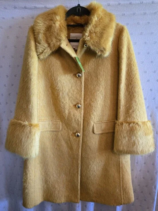 NWT kate spade Fluffy Wool Faux Fur Trim Coat Glitzy Ritzy Maize Yellow Size 10