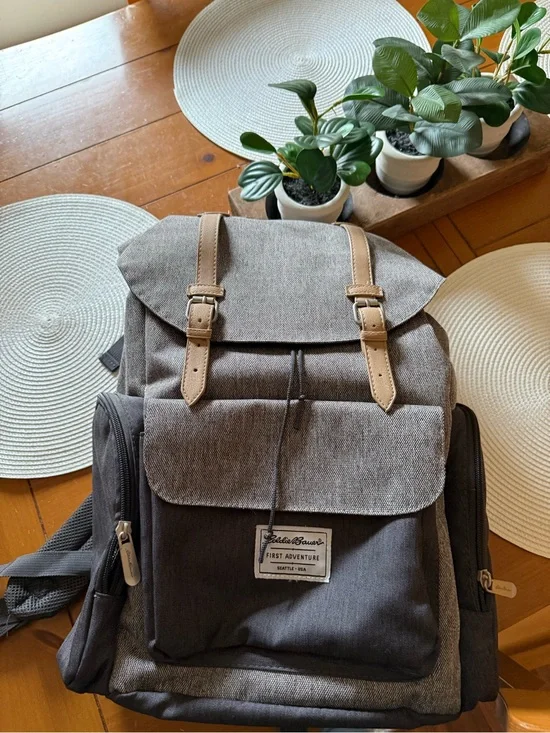 Gray Canvas Diaper/Backpack with Tan Accents