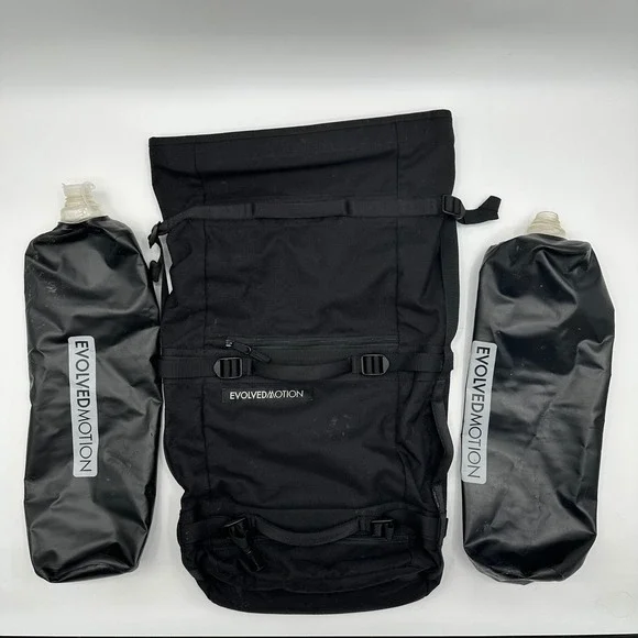 Evolved Motion Black Roll Top Rucking Backpack w/ 2 Water Bladders 30L Bag READ