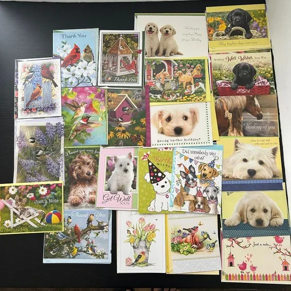 Mixed Lot of 28 Greeting Cards w/ Envelope Dogs Puppies Cats Kittens and Birds