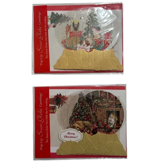 2 Pop Up Snow Globe Christmas‎ Greeting Cards Holiday Dog Lover Room Puppy