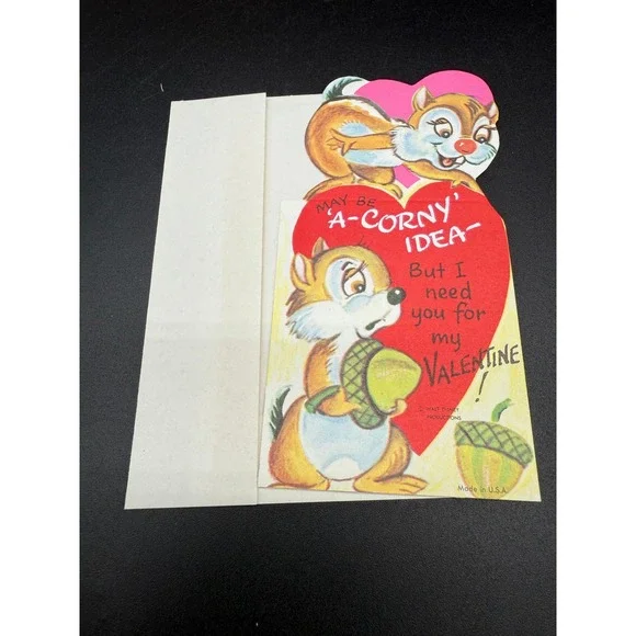 Vintage Walt Disney Valentine Card Chip and Dale Corny Acorn Theme 1960s Die-Cut