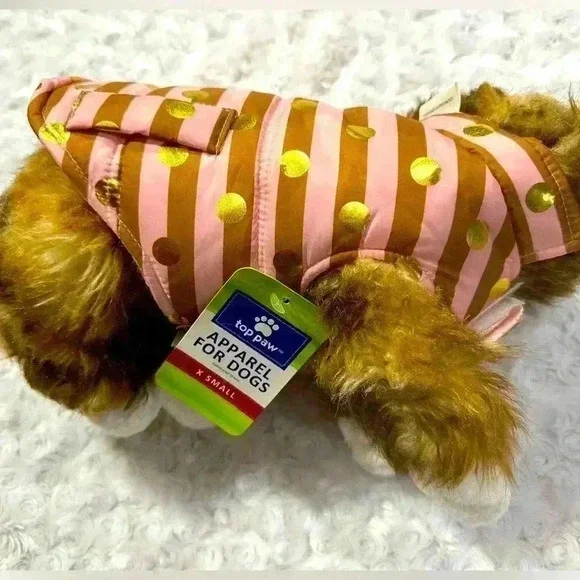 Top Paw Pink Gold Polka Dot Striped Dog Puffer Jacket XS‎
