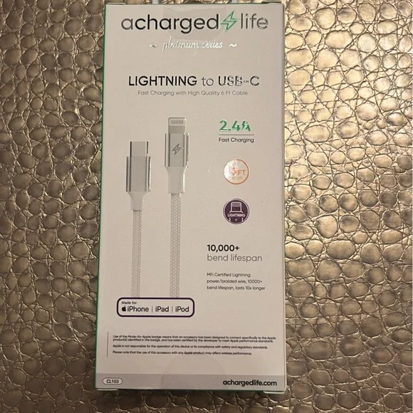 NWT A Charged Life Lightning to USB-C Cable