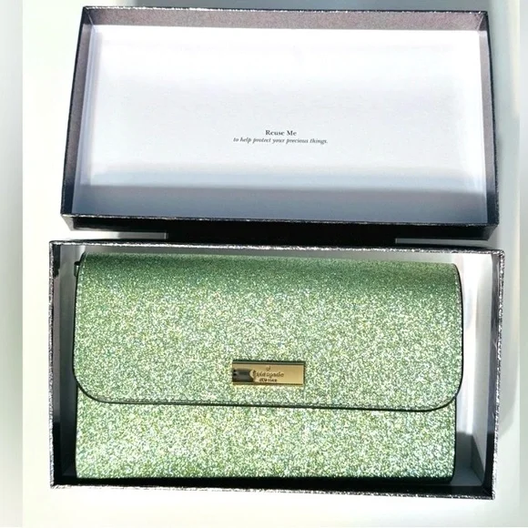 Kate Spade mint Glitter Kenzie medium flap Clutch with wristlet strap NEW IN BOX
