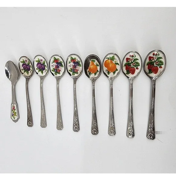 Vintage Avon Fruit‎ Motif Enamel Inlay Silver Tone Tea Spoons Mixed Set of 9