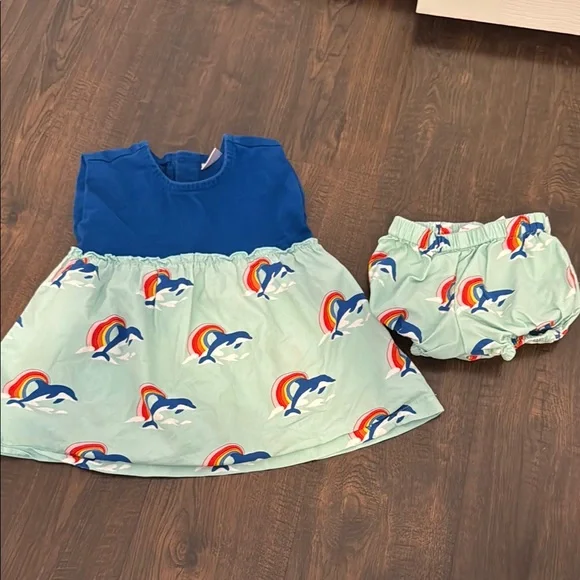 Hanna Andersson Blue and Green Dolphin Print girls Dress Set 18-24M