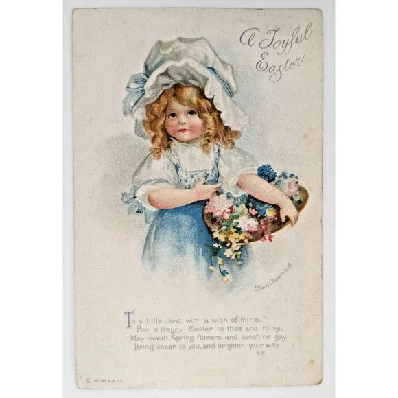 Antique Easter Postcard‎ Ellen Clapsaddle Girl Bonnet Flowers A Joyful Easter M6