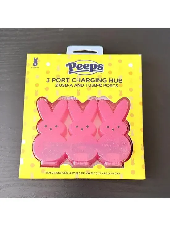 NIB Peeps 3-Port USB Charging Hub Pink Bunny USB-A & C EASTER BASKET STUFFER