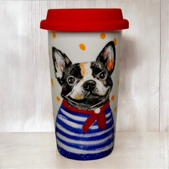 Pier 1 Boston Terrier Ceramic Travel Mug with Red Silicone Lid Retired