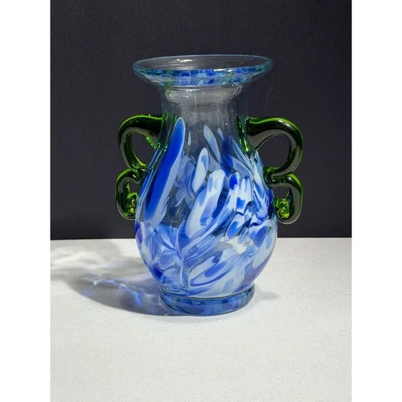 Pier 1 Imports Blue white Swirl Hand Blown Glass Vase with Green Handles