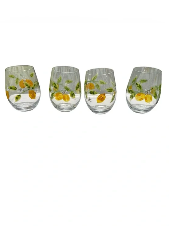 Pier 1 Hand Painted Lemon Stemless Wine Glasses Set 4 Citrus Floral Cottagecore