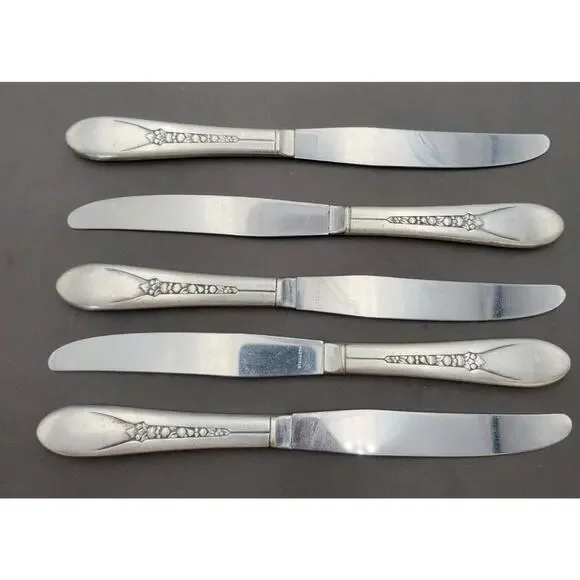 WM Rogers Mfg Set 5 Dinner Knives PRISCILLA LADY ANN Silverplate Flatware Vtg
