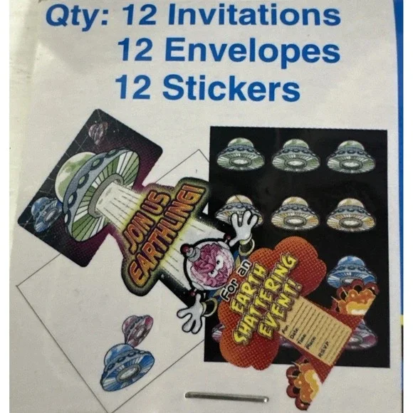 Alien‎ UFO Spaceship Party Invitations 12 Cards + Env 12 Stickers Supplies