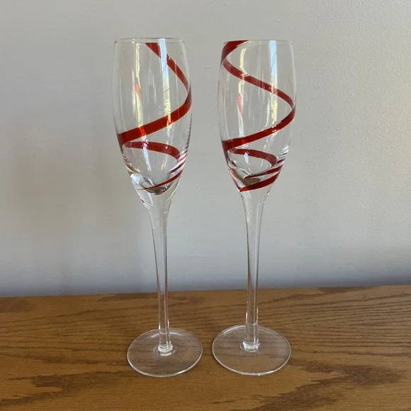 PIER 1 RED SWIRLINE CHAMPAGNE FLUTE GLASS (SET OF TWO) Long Stem 10