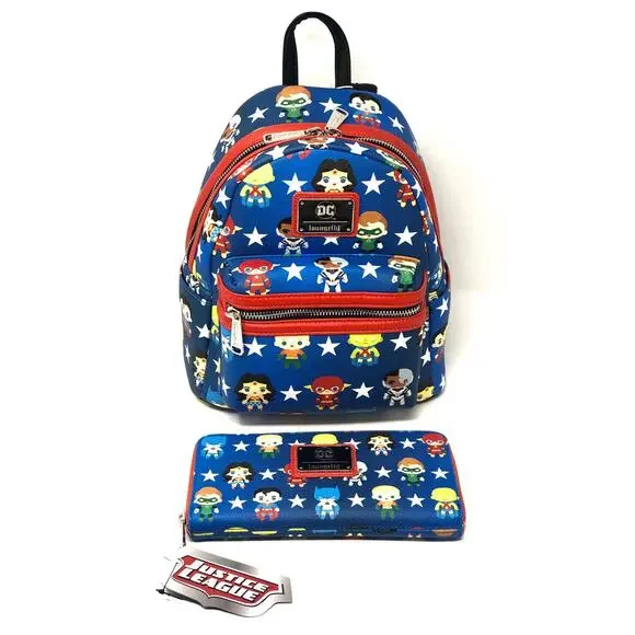 Loungefly Justice League Chibi Mini Backpack Wallet Matching Set DC COMICS NWT