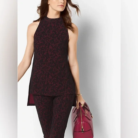 2-Piece Michael Kors Lace Jacquard Matching Set | Tunic + Trousers | Black/Red