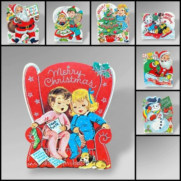 1960s Christmas Die-Cut Cards Glitter Set of 7 UNUSED USA Made Vintage MCM Decor