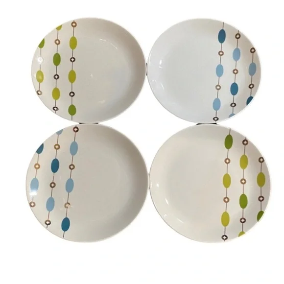 Pier 1 White Salad Plates with Blue &Green Accents. Beaded Garland. Set of 4.