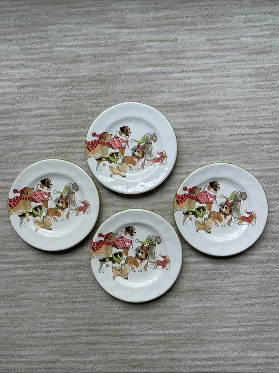 Set of 4 PIER 1 Park Avenue Holiday Puppies Salad Plates Ironstone 8 3/4”