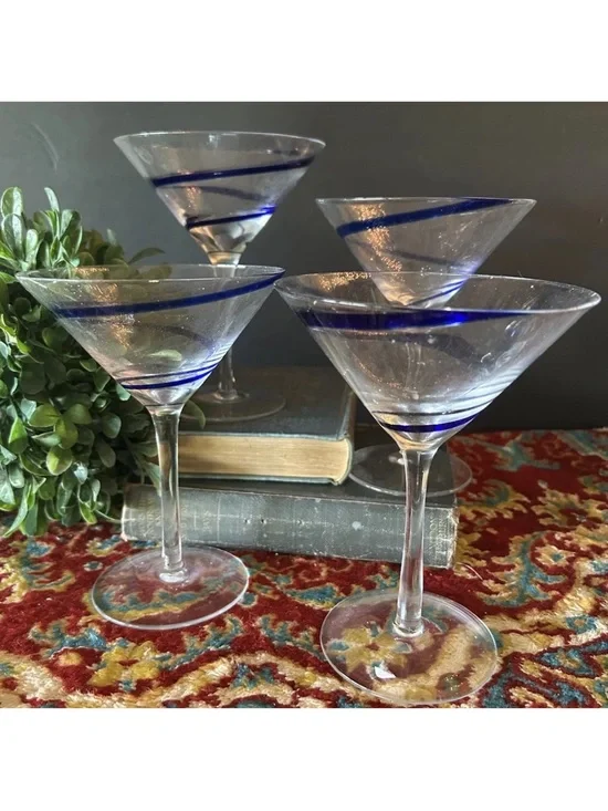 4 Pier 1 Swirline Blue Martini Cocktail Glasses 6.5