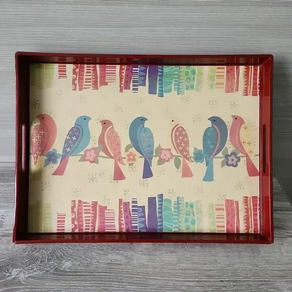 Pier 1 Imports Red Wood Table Tray Accent Bird on a wire‎ Pattern 18