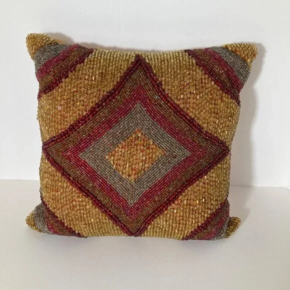 Pier 1 Imports‎ Beaded Luxury Throw Pillow Geometric Red Gold Silver 11 x 11